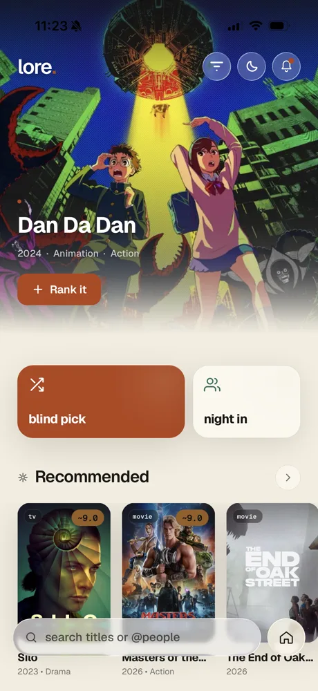 Lore app home screen showing a title card and recommendations